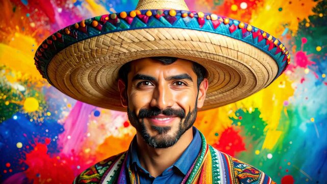 Man wearing a sombrero and colorful poncho against a vibrant abstract background