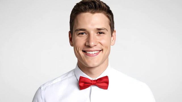 A cheerful young man in a red bow tie smiles against a simple backdrop.