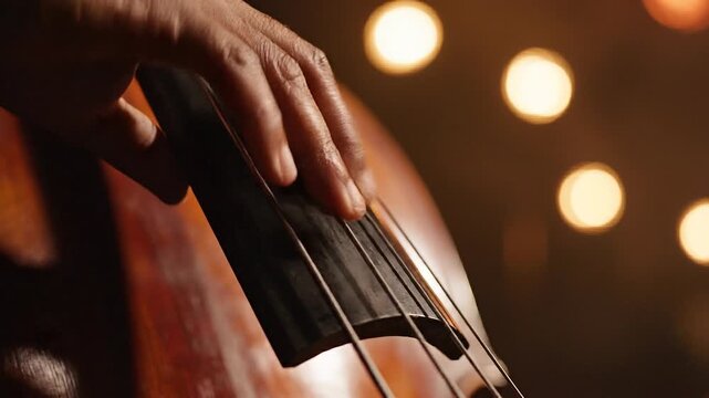 A hand playing the double bass strings with fingers close-up in a dimly lit concert hall atmosphere