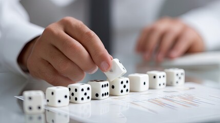 Naklejka premium A close-up shot focuses on a pair of hands, belonging to a professional likely in a business or financial setting, carefully rolling dice across a white surface.
