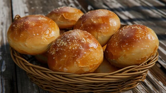 Warm buns nestle in a woven basket. Golden crusts gleam under soft light. Baked perfection sits invitingly. Wooden surface adds rustic charm. Buns look fresh, soft, and ready to eat