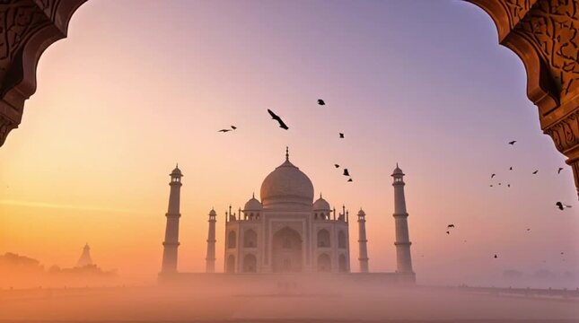 The Taj Mahal rises through morning fog at sunrise