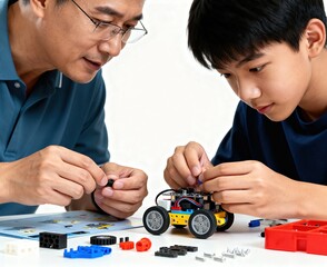 Naklejka premium Man and Boy Building Robot Together with Lego Pieces on Table, high resolution professional stock image with cinematic lighting balanced composition and versatile commercial usability suitable f siyam