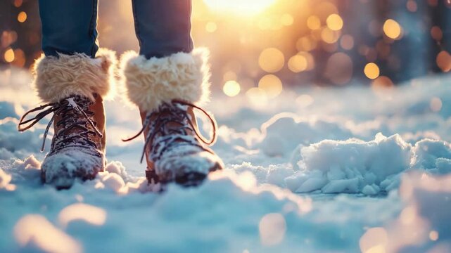 Sunlight glimmers through snowy winter air. Frosty boots stand firm on soft, textured snow. Warm glow contrasts with cool, quiet winter setting. Fuzzy cuffs add cozy, rugged charm