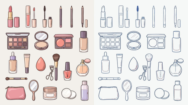 A collection of colorful and outline illustrations of various makeup products and accessories, presented side-by-side.