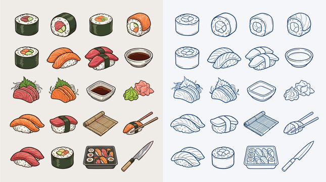 A comprehensive collection of various sushi and Japanese food items, presented in both colorful illustrations and detailed line art.