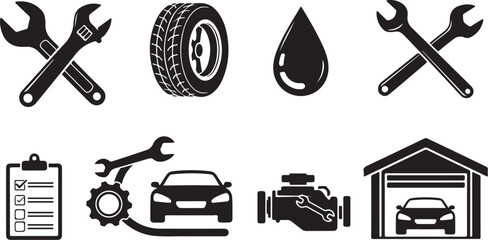 Black and white car repair service icons and tools