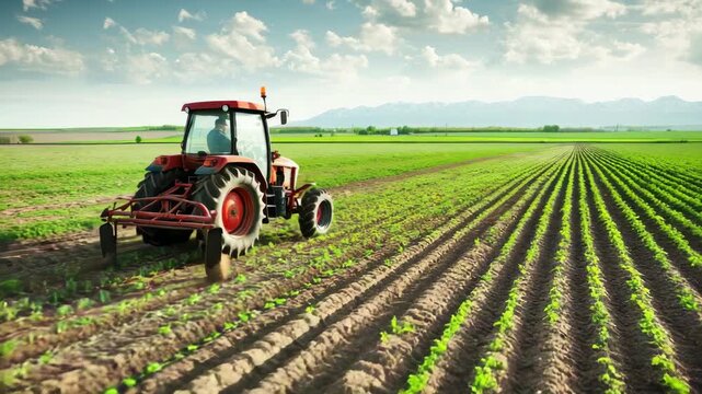 Red tractor plows fresh green field. Rows stretch wide under bright blue sky. Far hills fade softly in distance. Sunlight glints off large wheels and metal. Farmer steers with calm focus