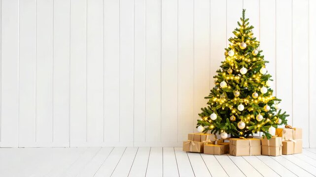 Decorated Christmas tree with warm lights and gifts on white wooden floor