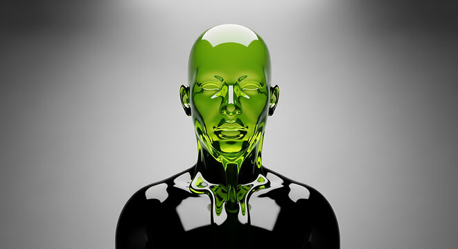 Futuristic green humanoid form with fluid, melting lower body against gradient background.