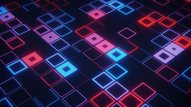 Led screen background with glowing squares in neon colors in retro gaming tech style. digital art. Seamless loop.