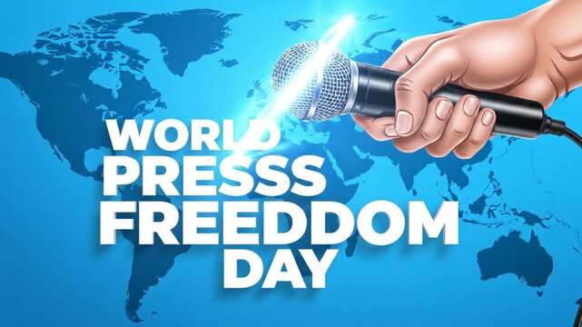 World Press Freedom Day concept with hand holding microphone over map