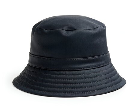 Sleek black bucket hat close-up on white backdrop for summer fashion accessory mockup