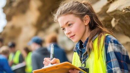 Fototapeta premium A young woman, likely in her late teens or early twenties, intently studies a clipboard while standing outdoors on a rocky coastline.