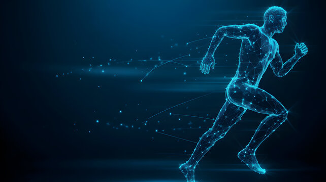 A futuristic digital illustration of a man running with a glowing blue outline and dots connected by lines in a dark background
