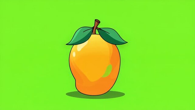 Animated mango fruit with green leaves on a vibrant green background cartoon style fresh healthy eating sweet tropical organic food concept