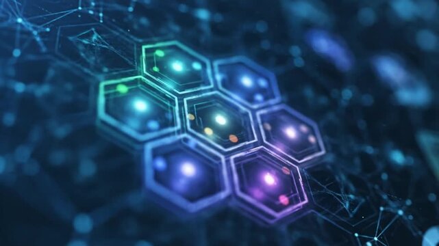 Futuristic hexagon grid network with glowing lights and connected nodes symbolizing data processing