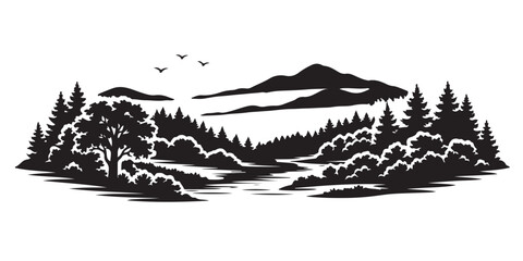 Obraz premium Summer Valley Silhouette, Silhouette Vector, Isolated on White Background