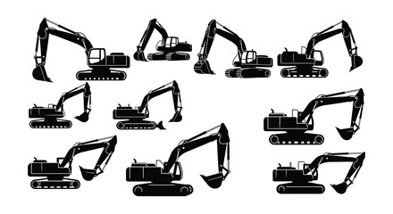 Six black silhouettes of excavators in various operational poses © nurjahan