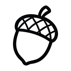 Simple black and white outline drawing of an oak nut for autumn coloring books or nature designs.