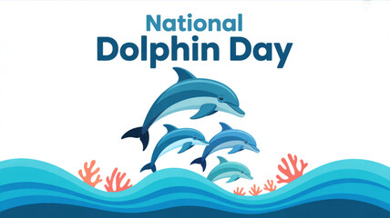 National dolphin day illustration featuring three dolphins jumping out of the ocean with coral reefs in the background