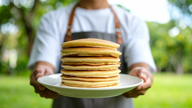 Person holding a tall stack of golden brown pancakes on a white plate outdoors