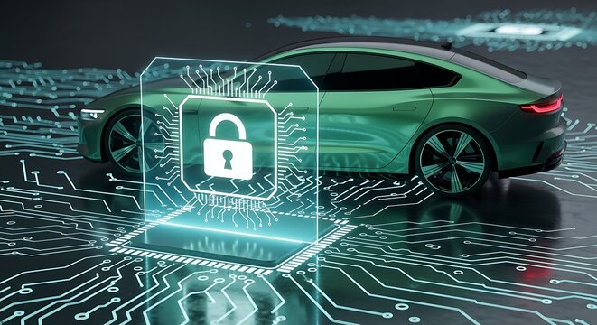 Electric car with digital lock security hologram representing advanced automotive cybersecurity and data protection technology