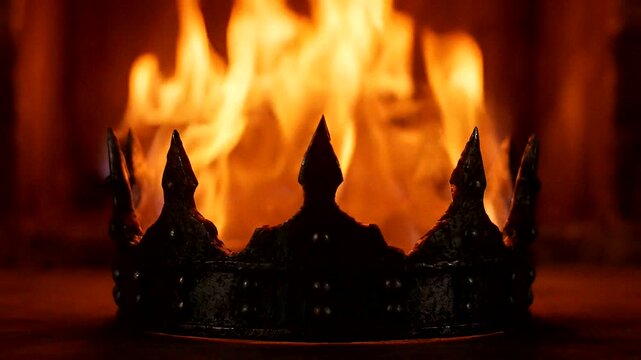 A dark crown sits against a backdrop of flickering flames, evoking themes of power and mystery.