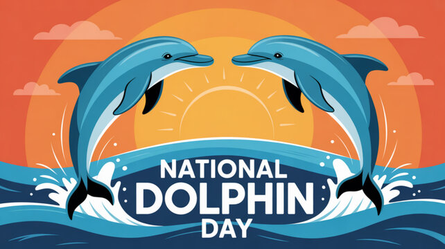 National dolphin day illustration with jumping dolphins against orange sunset background and ocean waves