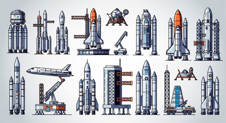 Collection of Space Rockets and Spaceships in Pixel Art Style. © Sukandi