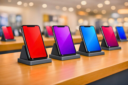Row of Modern Smartphones with Vibrant Colorful Screens on Display Stands in a Retail Electronics Store