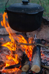Black cast iron pot cooking over an open campfire flame outdoors