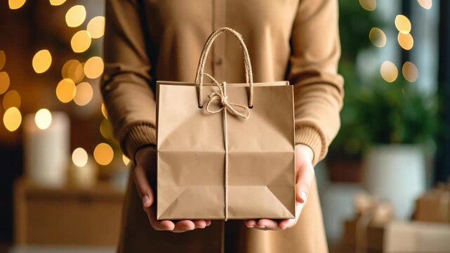 Person holding a gift bag with blurred festive lights in the background