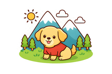Obraz premium Cute Cartoon Puppy Wearing Red Shirt Outdoors with Mountains and SunStock Illustration