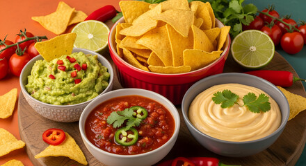 Delicious Mexican Fiesta with Nachos Guacamole Salsa and Cheese Dip.