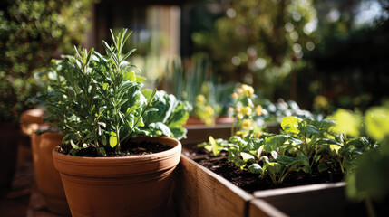 A captivating arrangement of potted herbs basking in sunlight on a wooden table, showcasing the joy of indoor gardening and the vibrant colors of nature at home.