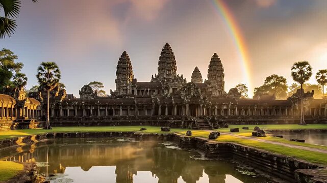 Spectacular Sunrise over Angkor Wat with Rainbow Arch Reflected in Sacred Lake