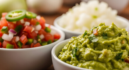 Fresh Homemade Guacamole and Pico de Gallo with Chopped Onions.