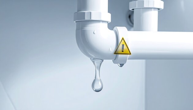 Water droplets dangle from a white plastic pipe with a caution triangle against a blurred background