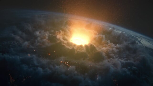 Global destruction captured vividly. Earthquake and chaos portrayed dramatically. Catastrophic planetary detonation resulting in widespread devastation and fallout