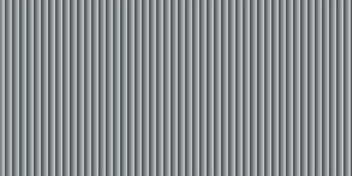 Patterned ribbed metal background with wall panel and white glass roof. Iron and plastic texture with zinc steel sheet and corrugated coating. 3D silver facade with frosted reed metal glowing effect.