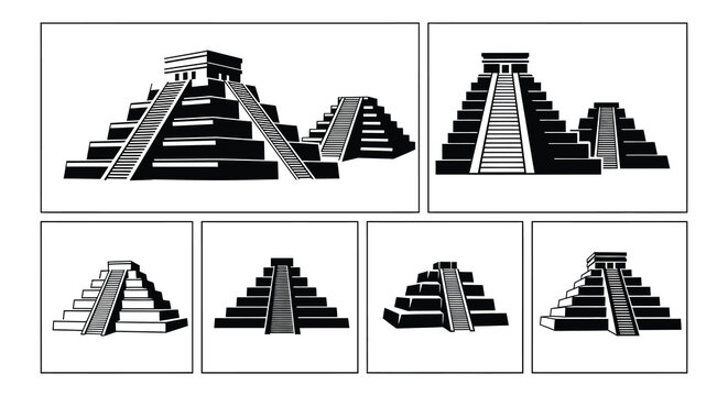 Black and white illustrations depicting mayan or aztec pyramid structures
