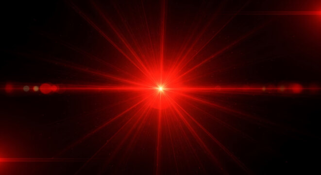A vibrant red light beam radiates intensely against a dark background, creating a dramatic and energetic visual effect.