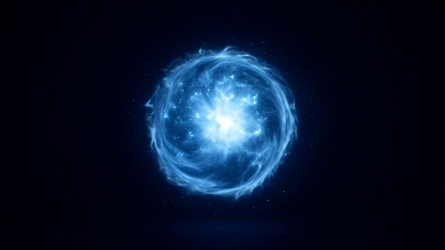 Glowing blue energy orb with swirling plasma effect on a dark abstract background.