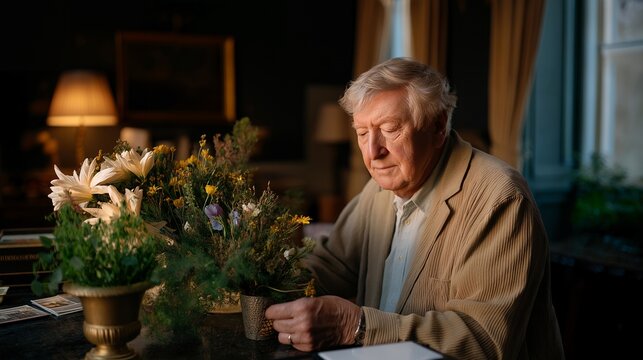 Elderly man arranging fresh flowers beside urn on mantle in upscale townhouse, wedding ring still worn, preparing solitary dinner, perfect for widower grief keywords, and contemporary loss theme.