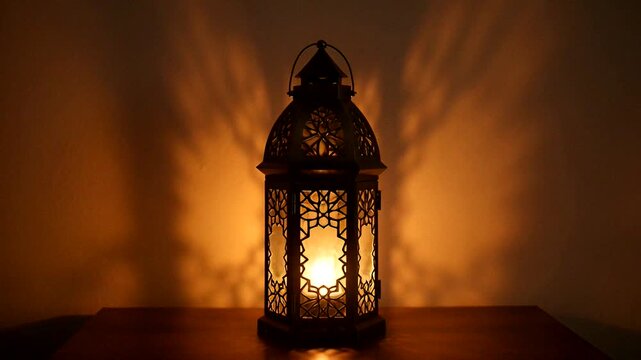A decorative lantern casts warm shadows, creating a cozy and serene atmosphere in a dimly lit space.