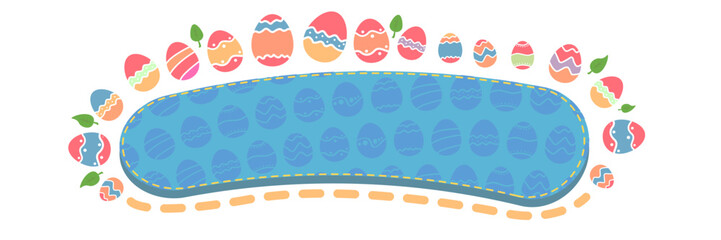 Easter eggs frame banner. Blue oval patch for text surrounded by colorful decorated eggs and green leaves. Festive spring background for holiday sale and greeting isolated on white background. © zmiter