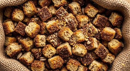 Fototapeta premium Crunchy homemade croutons with seeds in burlap basket