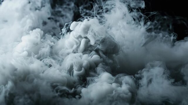 Ethereal smoke swirls against a dark backdrop. Clouds drift with soft, undefined shapes. Mist flows in slow, graceful motion. Dense, wispy volumes fill the frame