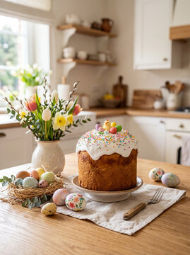 Traditional Easter cake with icing and colorful eggs on kitchen table, homemade kulich bread with spring flowers and festive Easter decoration in cozy home kitchen